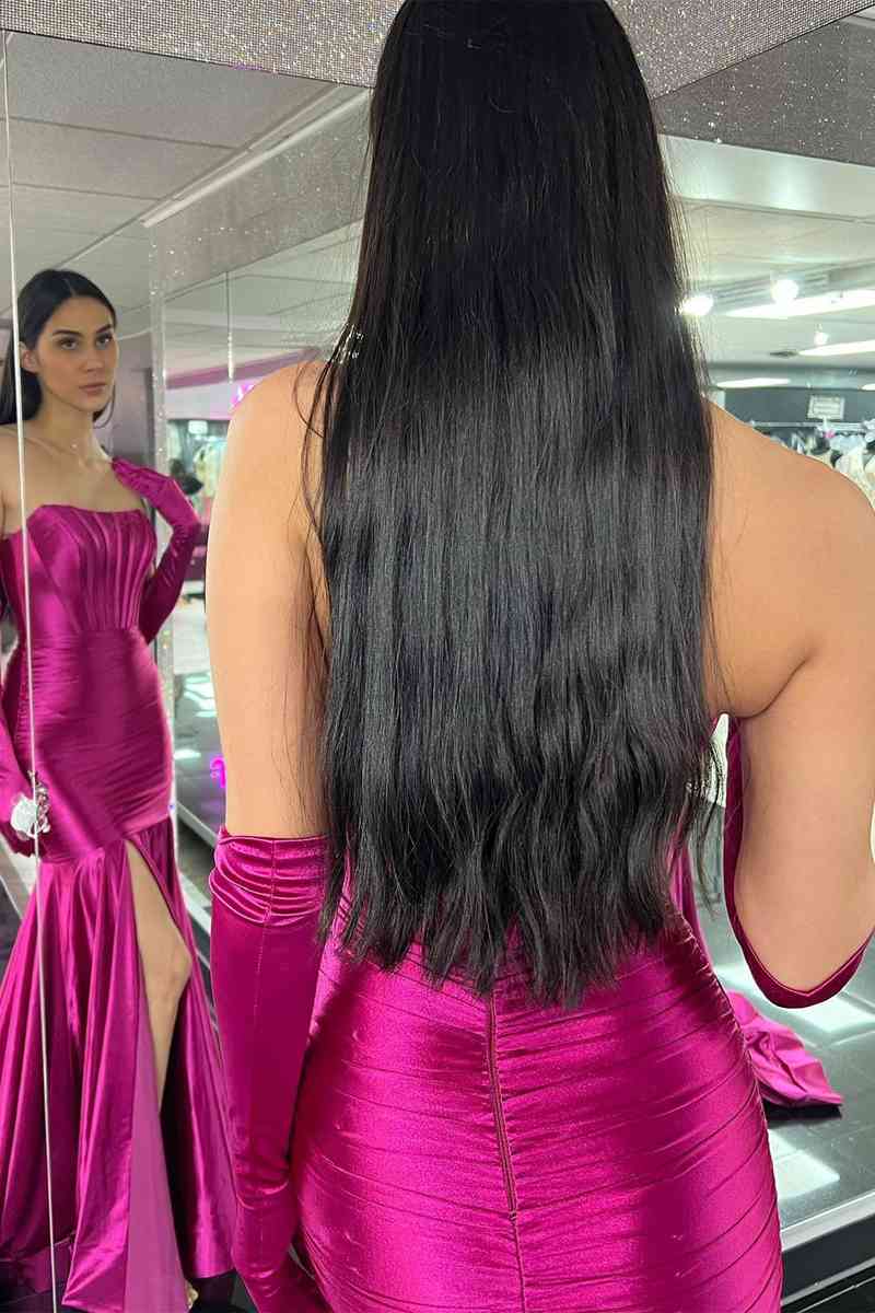 Dressime Mermaid Strapless Satin Pleated Slit Long Prom Dress with Golves dressime