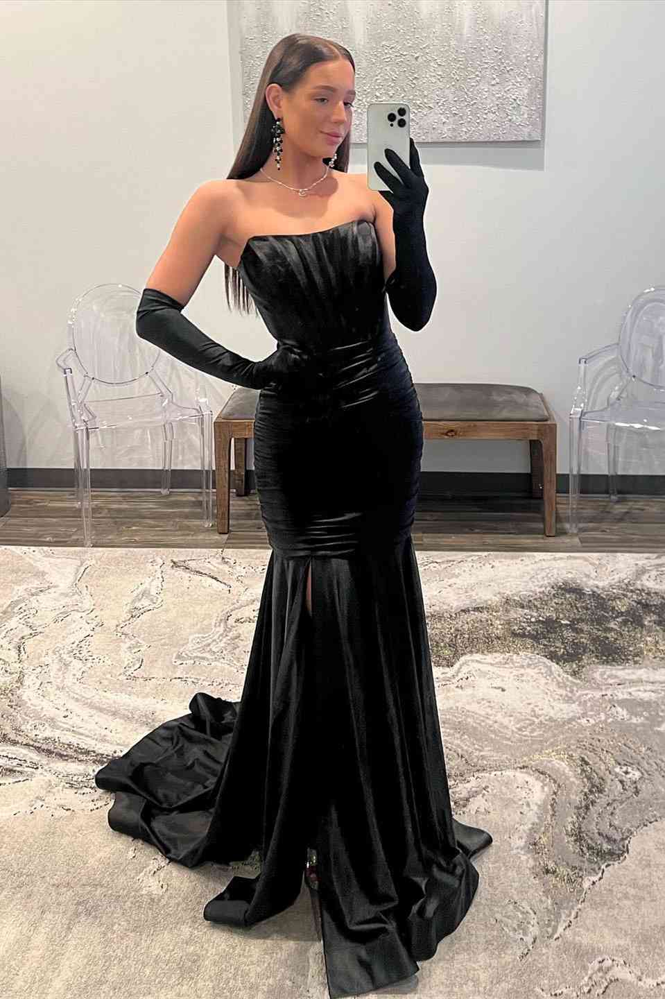 Dressime Mermaid Strapless Satin Pleated Slit Long Prom Dress with Golves dressime