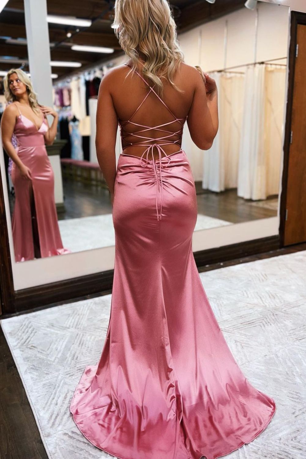 Dressime Mermaid V-Neck Spaghetti Straps Long Prom Dresses With Slit dressime