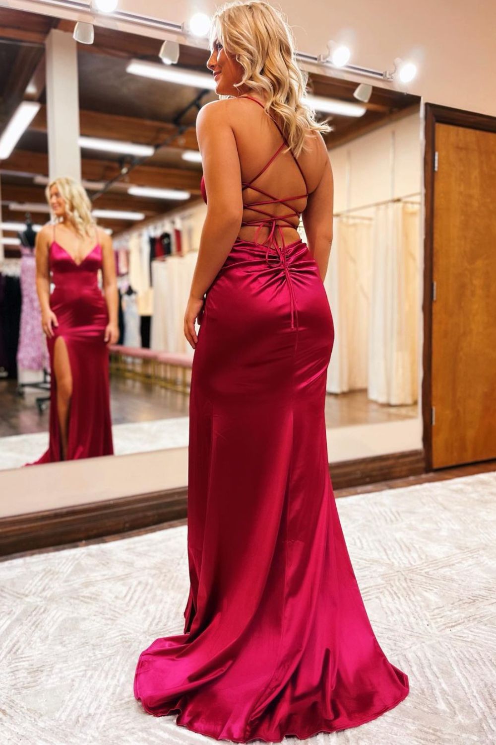 Dressime Mermaid V-Neck Spaghetti Straps Long Prom Dresses With Slit dressime