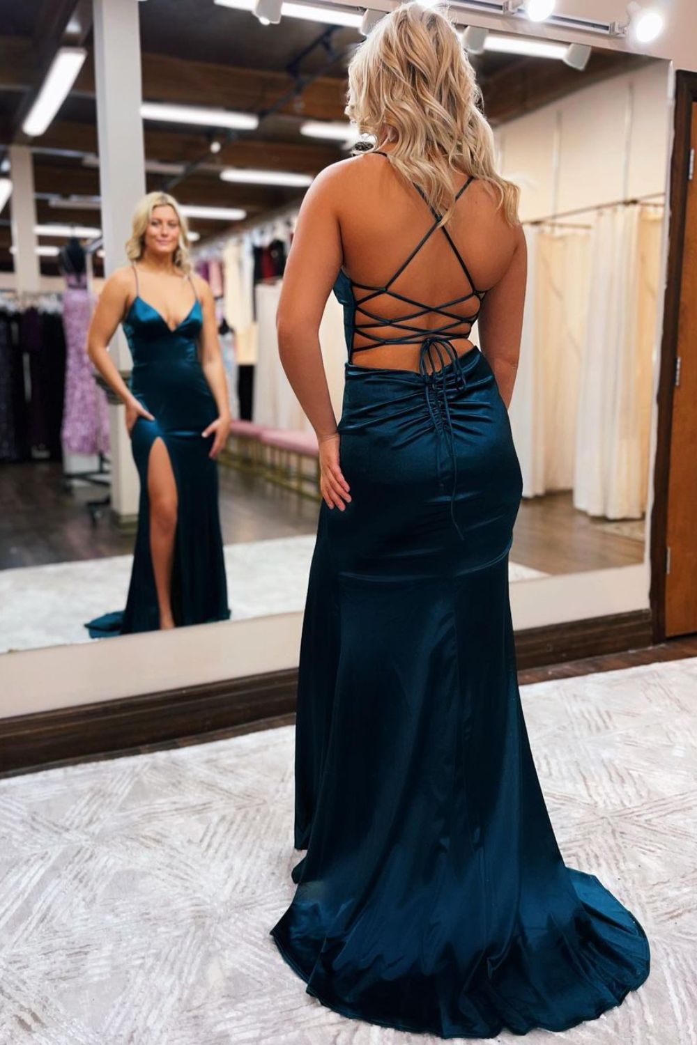 Dressime Mermaid V-Neck Spaghetti Straps Long Prom Dresses With Slit dressime