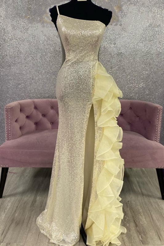 Dressime Sheath Sequin Mesh One-Shoulder Ruffle Long Prom Dress with Slit dressime