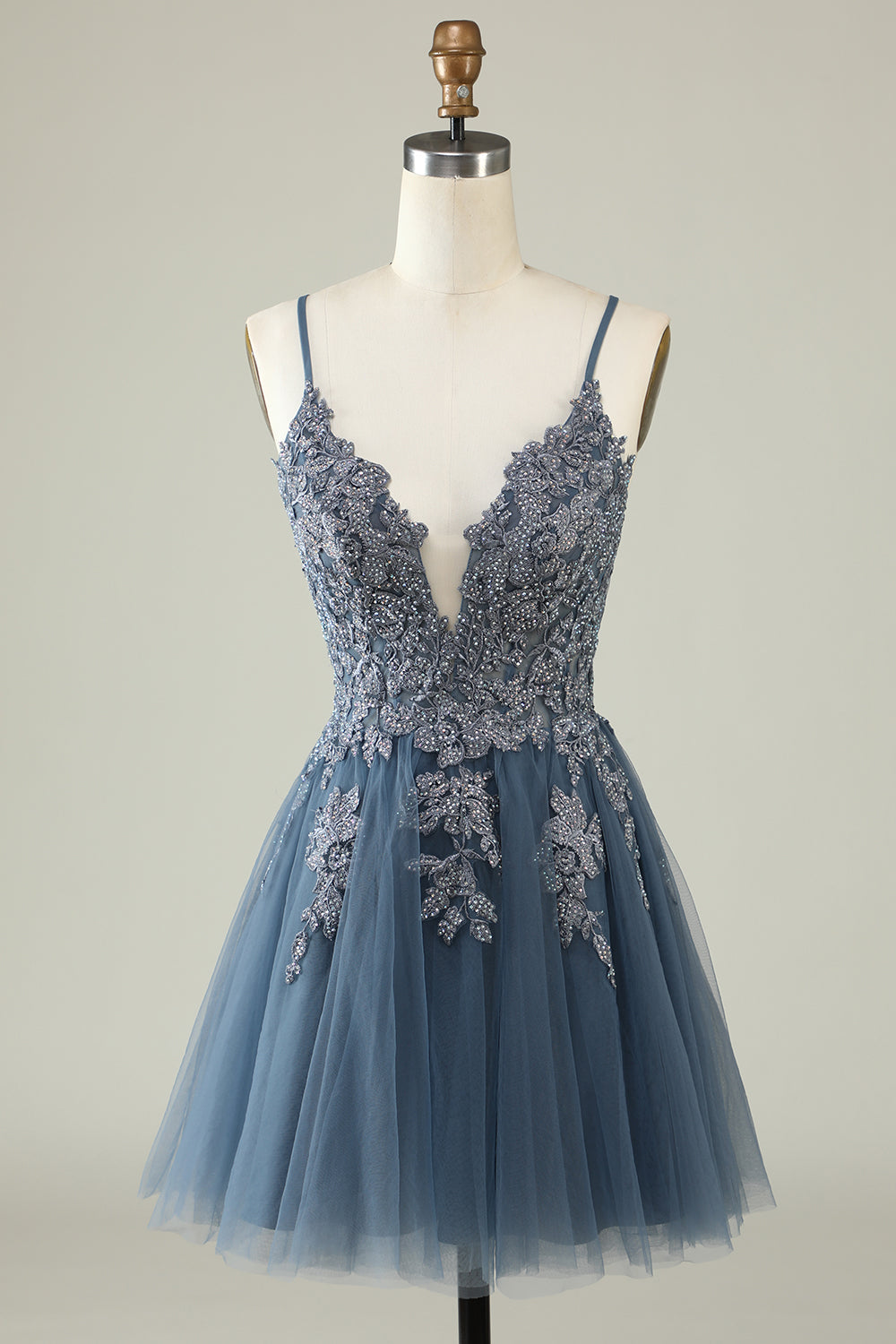 Dressime Simple Spaghetti Straps Tulle Vintage Homecoming Dress with Lace Appliques dressime