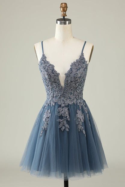 Dressime Simple Spaghetti Straps Tulle Vintage Homecoming Dress with Lace Appliques dressime