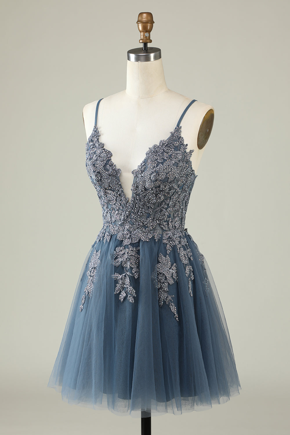 Dressime Simple Spaghetti Straps Tulle Vintage Homecoming Dress with Lace Appliques dressime