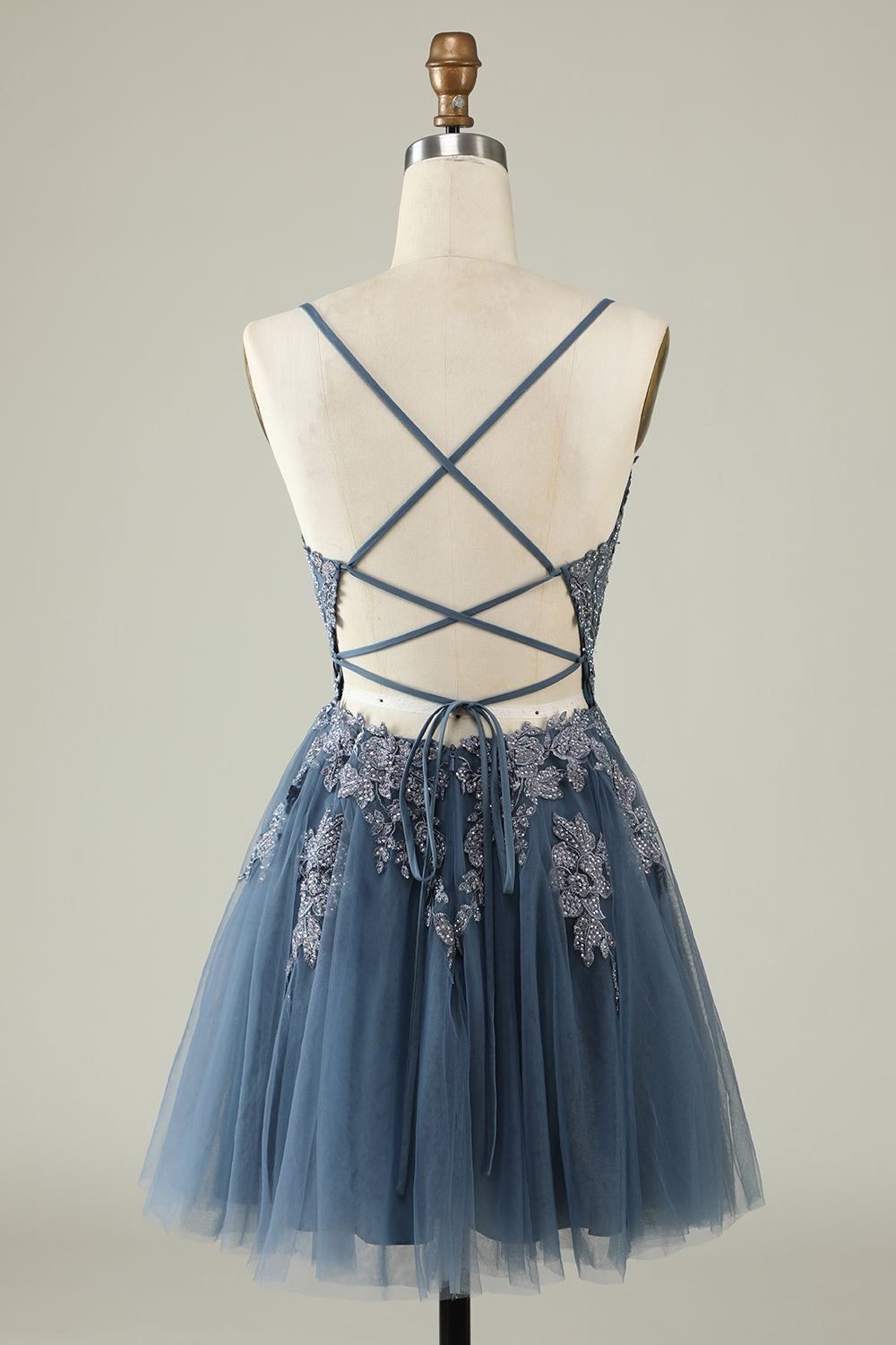 Dressime Simple Spaghetti Straps Tulle Vintage Homecoming Dress with Lace Appliques dressime