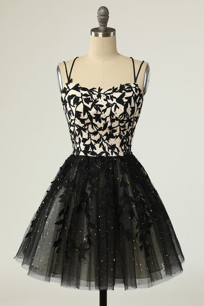 Dressime Spaghetti Strap Black Smple Lace Cheap Sexy Homecoming Prom Dress dressime
