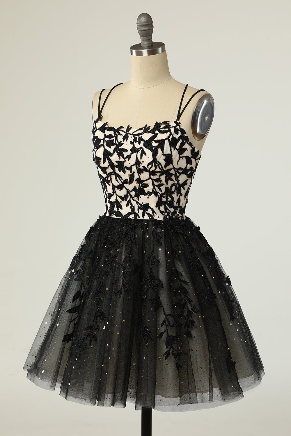 Dressime Spaghetti Strap Black Smple Lace Cheap Sexy Homecoming Prom Dress dressime