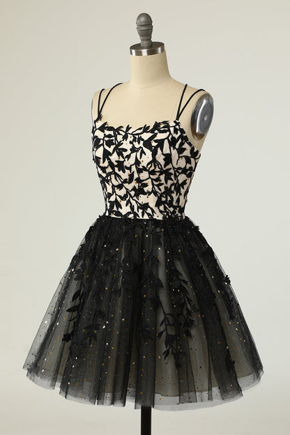 Dressime Spaghetti Strap Black Smple Lace Cheap Sexy Homecoming Prom Dress dressime