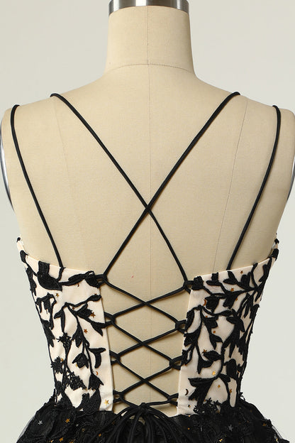 Dressime Spaghetti Strap Black Smple Lace Cheap Sexy Homecoming Prom Dress dressime