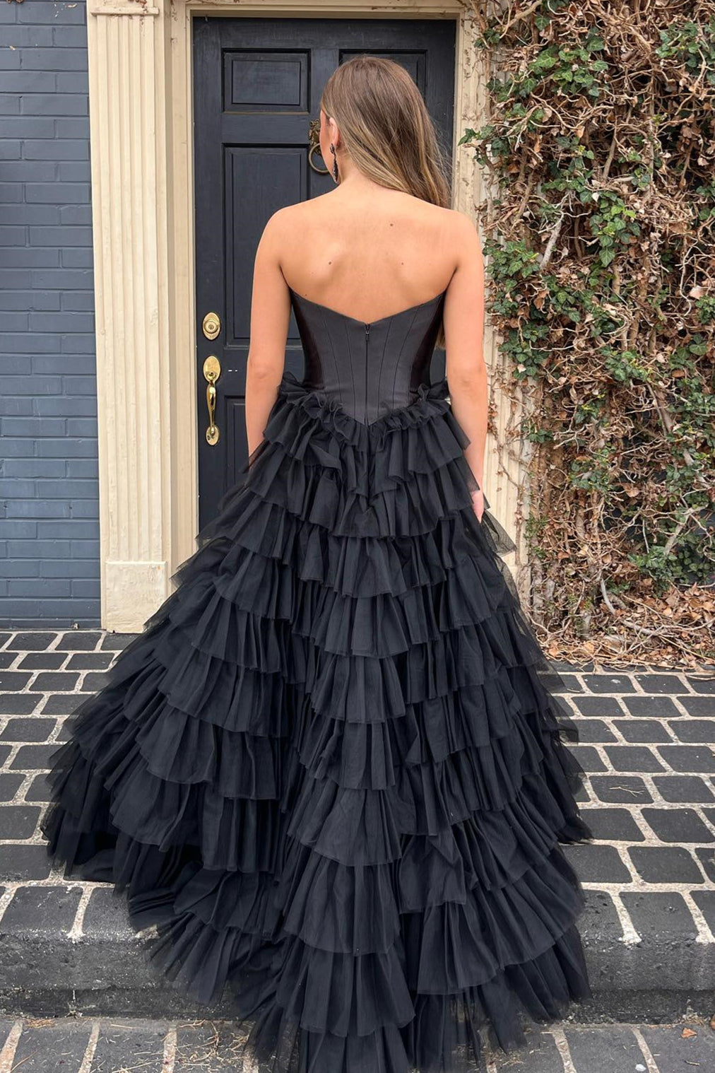 Dressime Strapless A-line Tiered Tulle Long Prom Dress dressime