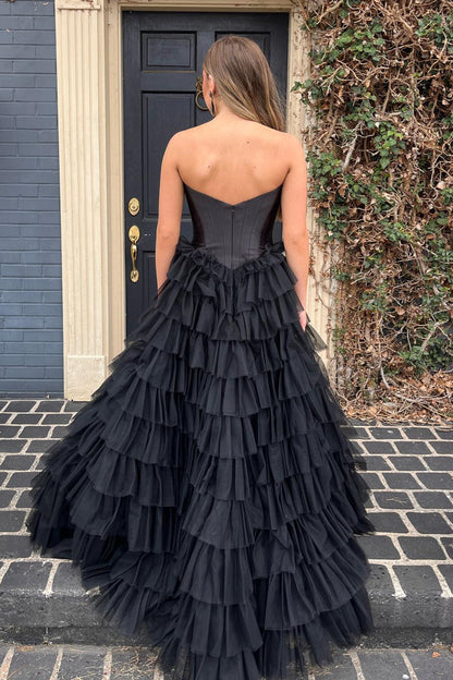 Dressime Strapless A-line Tiered Tulle Long Prom Dress dressime