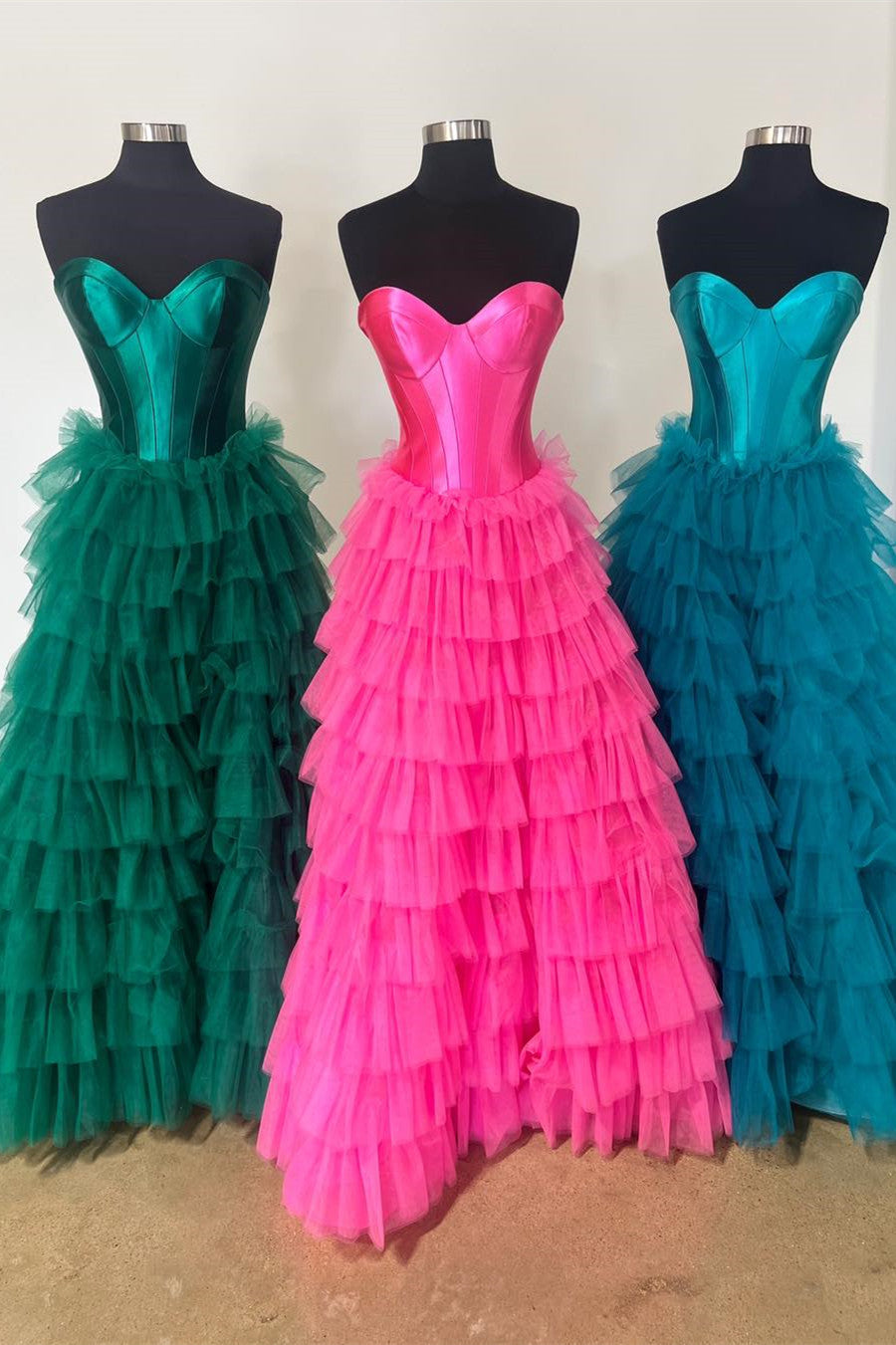 Dressime Strapless A-line Tiered Tulle Long Prom Dress dressime