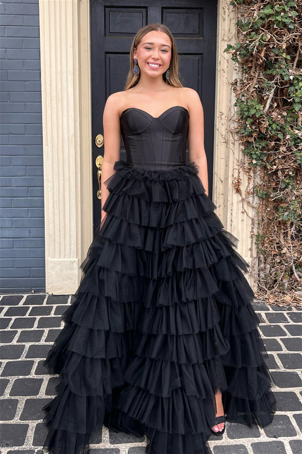 Dressime Strapless A-line Tiered Tulle Long Prom Dress dressime
