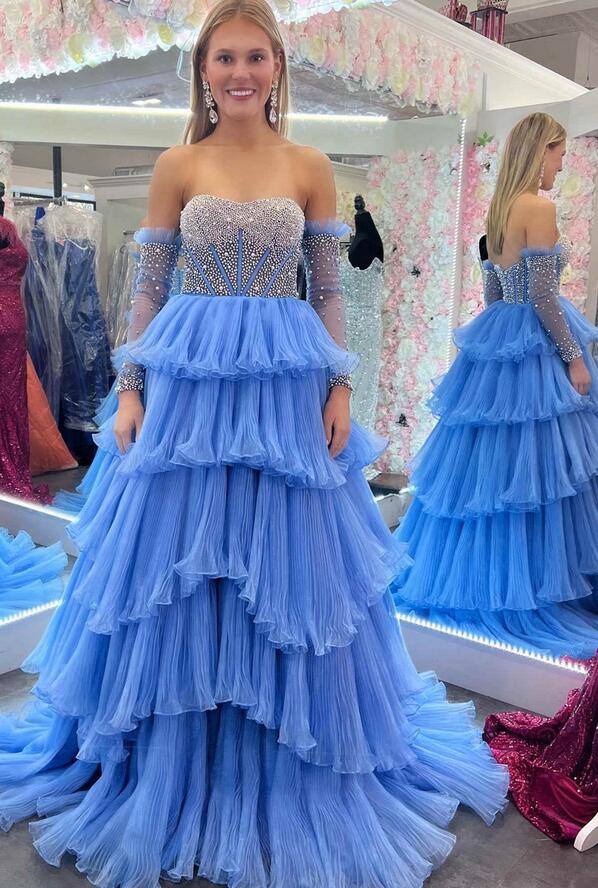open lace back dress MACloth Spaghetti Straps V Neck Tiered Long Prom Dress Dark Navy Forma main image 1