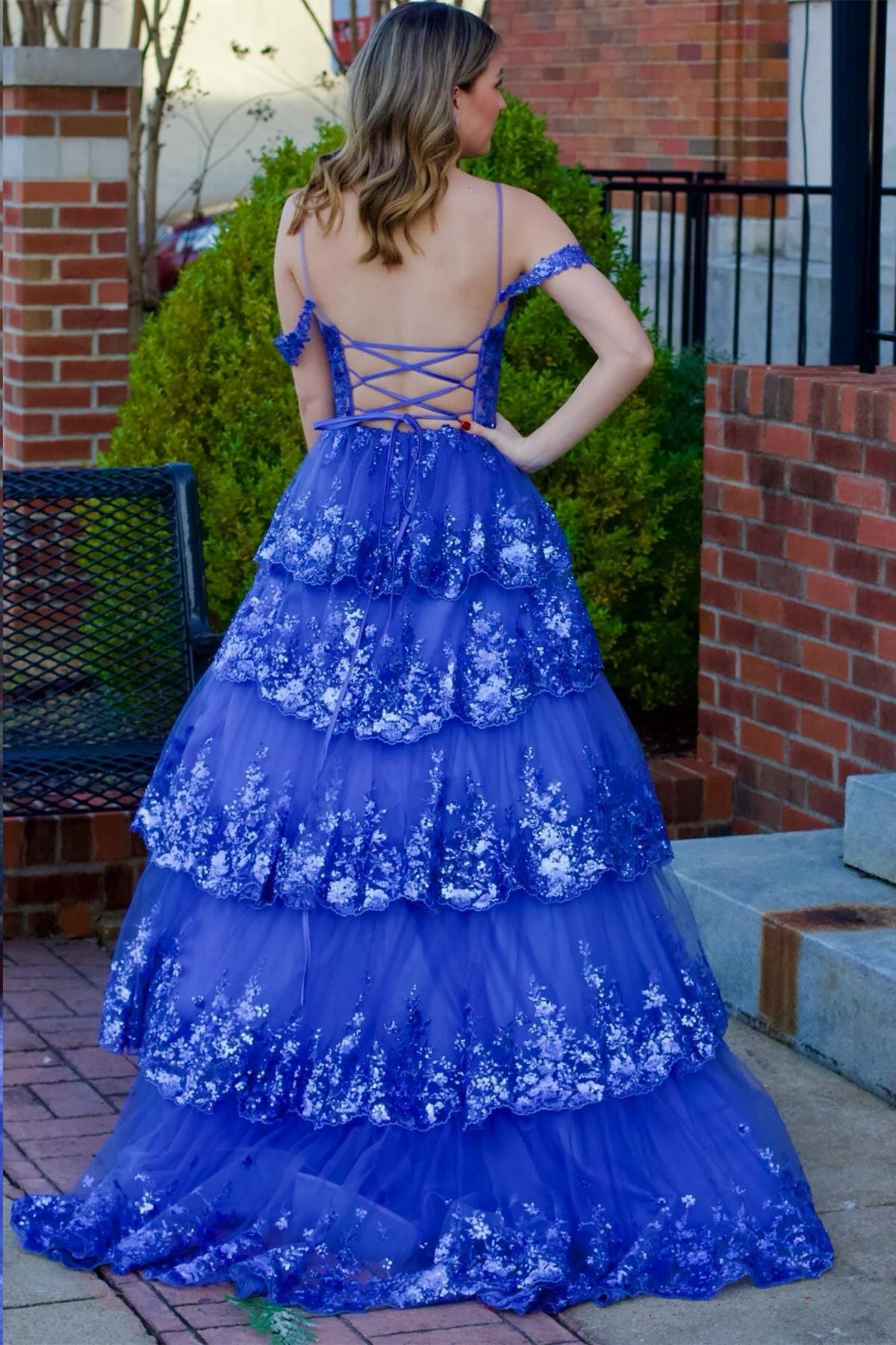 Dressime Tulle Cold-Shoulder Ruffle Tiered Long Prom Dress dressime