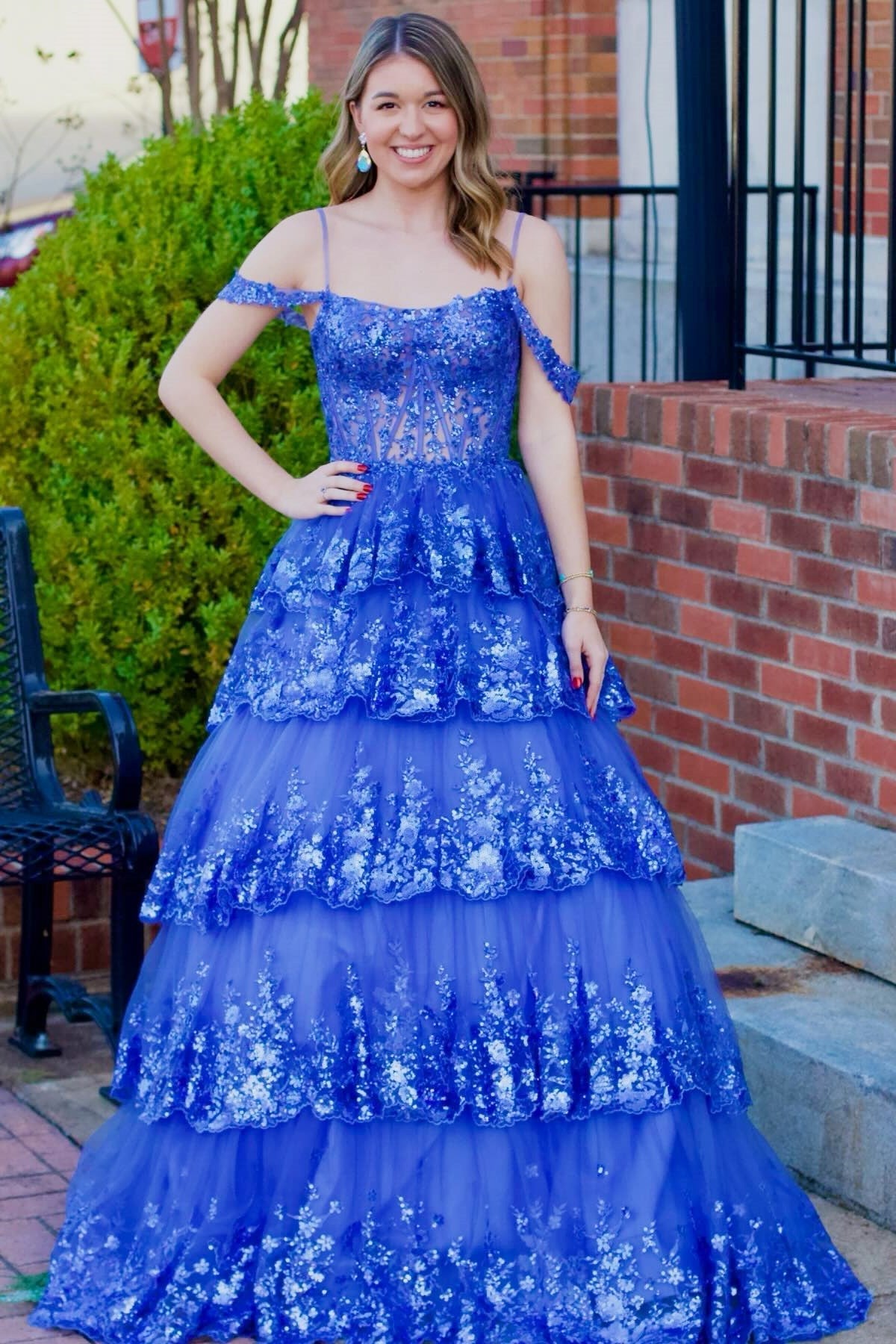 Dressime Tulle Cold-Shoulder Ruffle Tiered Long Prom Dress dressime