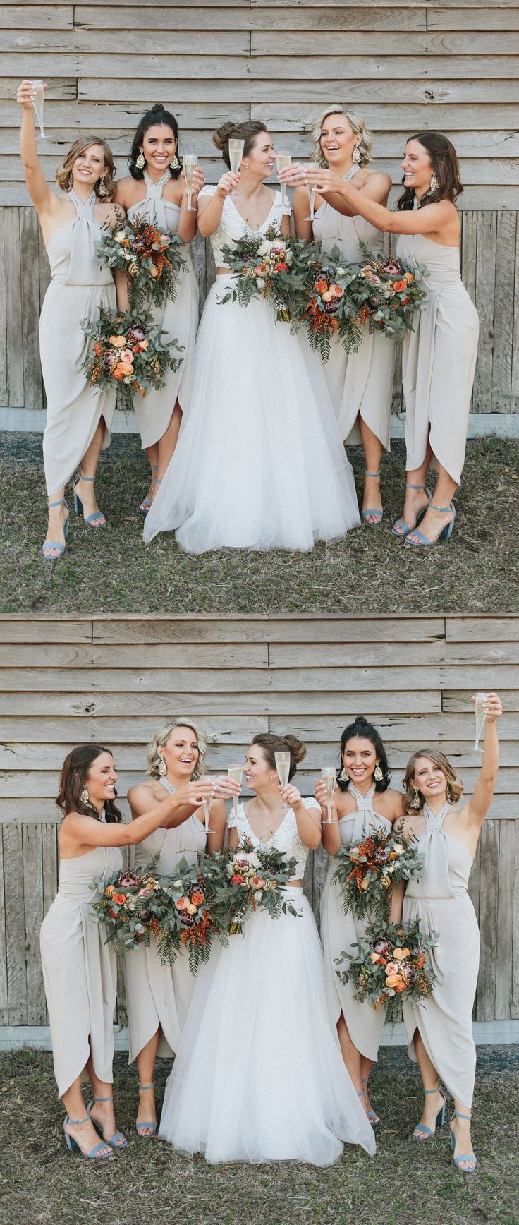 Dressime Unique Halter Neck Tea Length Sheath Bridesmaid Dresses With Slit dressime