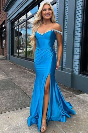 Dressime Mermaid  Off the Shoulder Beaded Prom Dress with Slit