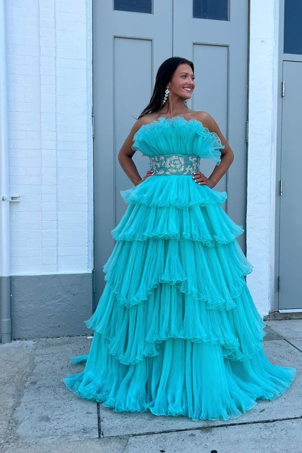 Dressime Glitter A-Line Beaded Long Tulle Tiered Prom Dress with Ruffles