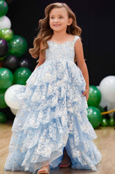 Dressime A Line Straps Tull Sequin Appliques Ruffle Multi-Layer Long Girl Pageant Dress