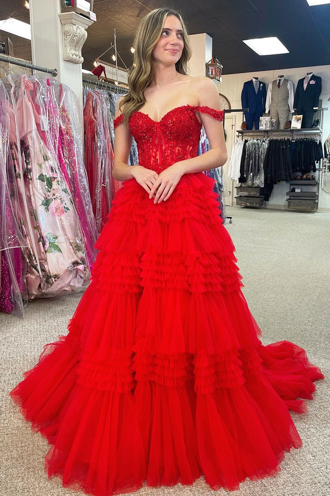 Dressime A Line Tulle Off-the-Shoulder Ruffle Tiered Long Prom Dress