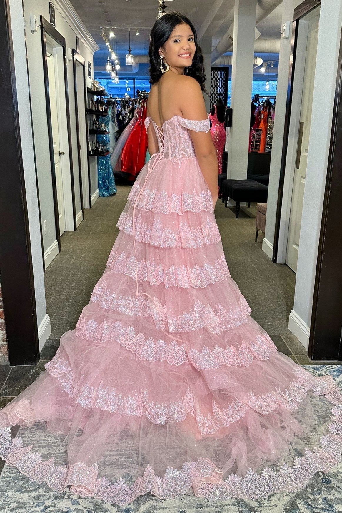 Dressime A Line Off-the-Shoulder Appliques Tiered Ruffle Tiered Long Prom Dresses
