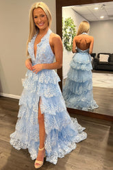 Dressime A Line Halter Tulle Ruffle Tiered Long Prom Dress With Appliques