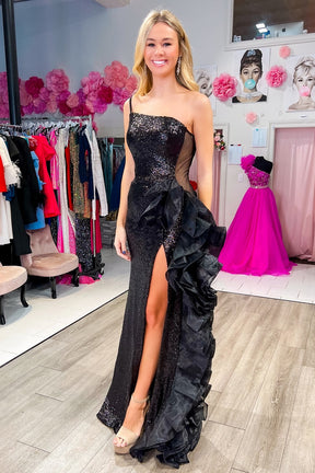 Dressime Sheath Sequin Mesh One-Shoulder Ruffle Long Prom Dress with Slit