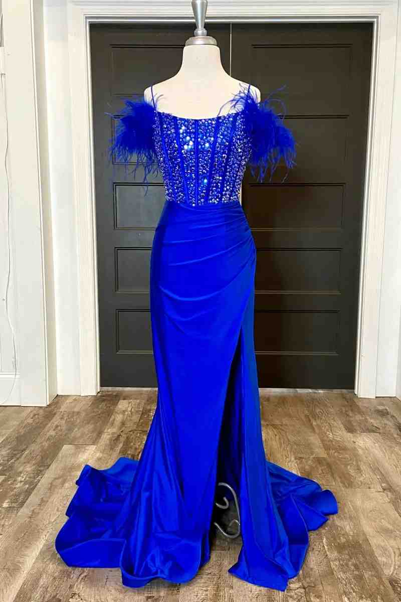Dressime Mermaid Off The Shoulder Satin Beaded Side Slit Long Prom Dress With Feather