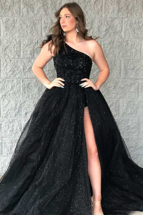 Dressime Plus Size A Line Beaded Tulle One Shoulder Long Prom Dress with Slit