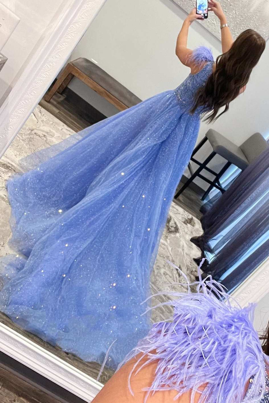 Dressime Plus Size A Line Beaded Tulle One Shoulder Long Prom Dress with Slit