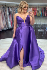 Dressime Plus Size A Line Satin Strapless Prom Dress with Slit