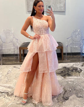 Dressime A  Line One-Shoulder Lace Tiered Long Prom Dress with Slit
