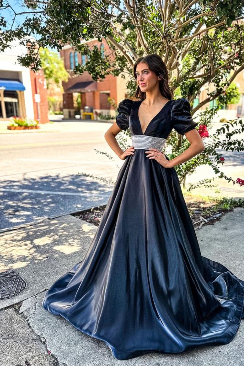 Dressime A-Line Beaded Plunge V Neck Long Prom Dress with Puff Sleeves