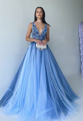 Dressime A Line V Neck Tulle  Long Prom Dresses With Beaded