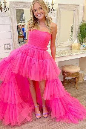 Dressime Unique Asymmetrical High Low Tiered Strapless Prom Dress with Ruffles