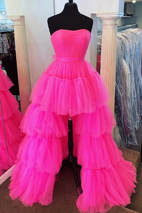 Dressime Unique Asymmetrical High Low Tiered Strapless Prom Dress with Ruffles