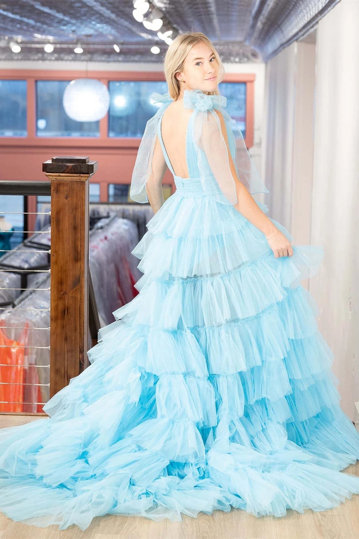 Dressime Bow Straps V-Neck Ruffled Tulle Tiered Long Prom Dress with Slit