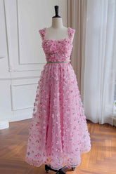 Dressime A Line Straps Tulle  Appliques Prom Dress With Flowers