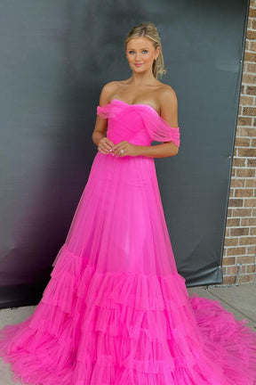 Dressime A Line Cross Tulle Tiered Long Prom Dress
